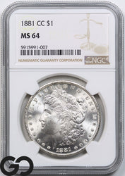 1881-CC Morgan Silver Dollar Silver Coin NGC MS-64 ** Blast White Blazer!