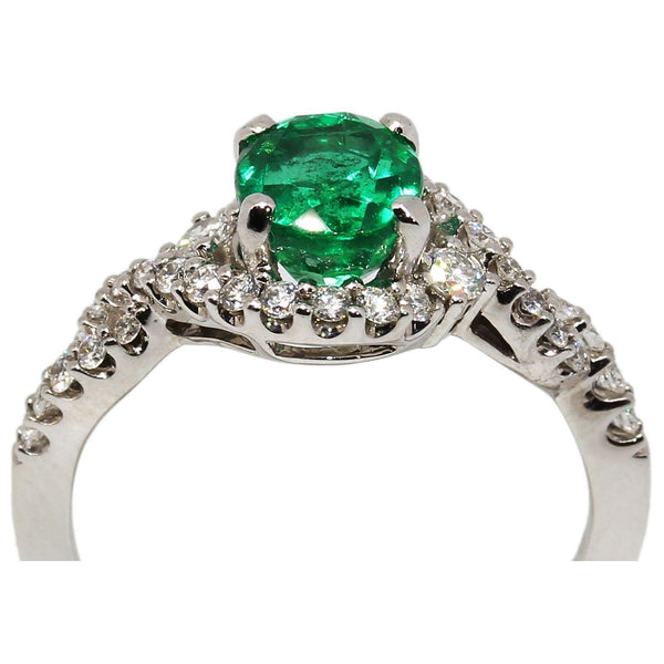 14K White Gold 1.07ct Emerald Ring, Oval Stone Embellished by .29ct Round Diamonds