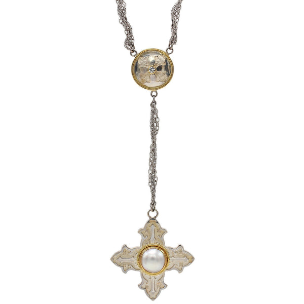 One of a Kind Y-Drop Braided Cross Necklace, 18K Yellow Gold and Sterling Silver