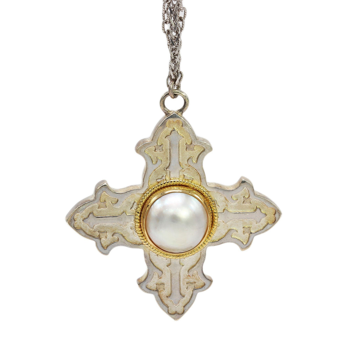 One of a Kind Y-Drop Braided Cross Necklace, 18K Yellow Gold and Sterling  Silver