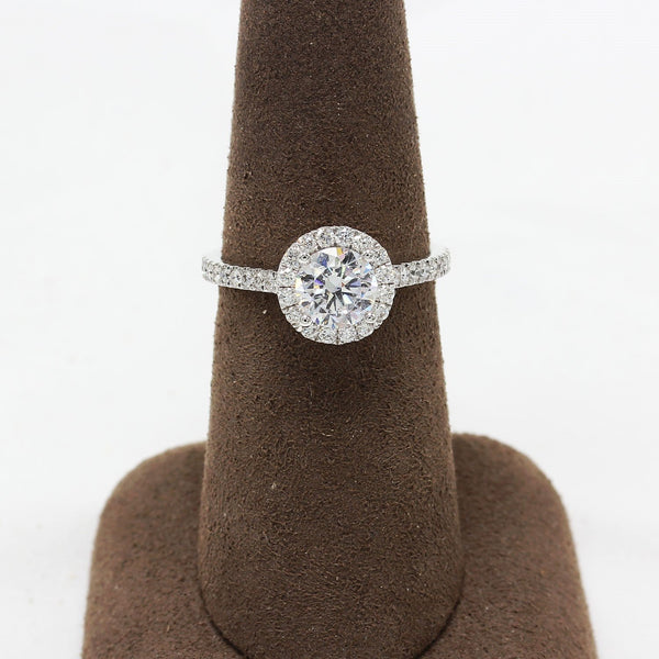 14K White Gold, Round Halo Engagement Ring, 1.0Ct. Round CZ Center Stone