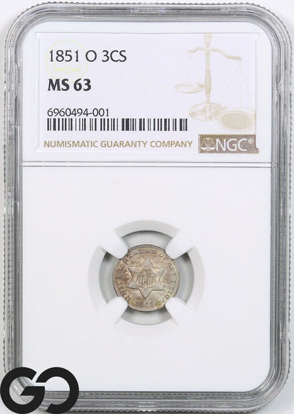 1851-O Three Cent Silver Piece NGC MS-63 ** Super PQ for Grade!