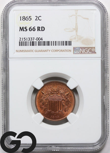 1865 Two Cent Piece, RED, NGC MS-66 RD ** Scarce Type, Collector Favorite!