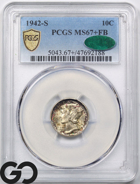 1942-S Mercury Dime, Full Bands, PCGS MS-67+ FB ** CAC Approval, Nice Toning