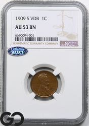 1909-S VDB Lincoln Cent Wheat Penny NGC AU-53 ** Premium Quality for Grade!