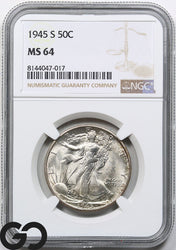 1945-S Walking Liberty Half Dollar NGC MS-64 ** Premium Quality Lustrous Blazer!