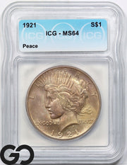 1921 Peace Dollar, High Relief, ICG MS-64 ** Gorgeous RARE Key Date Type!