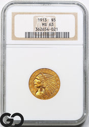 1913 Gold Half Eagle, $5 Gold Indian, NGC MS-63 ** Beautiful Coin!