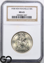 1938 New Rochelle Commemorative Half Dollar NGC MS-65 ** Blast White Beauty!