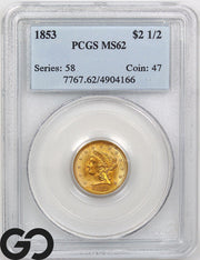 1853 Gold Quarter Eagle, $2.5 Gold Liberty, PCGS MS-62 ** Gorgeous Luster!