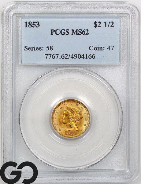 1853 Gold Quarter Eagle, $2.5 Gold Liberty, PCGS MS-62 ** Gorgeous Luster!