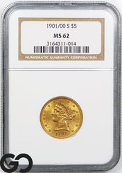 1901/00-S Half Eagle, $5 Gold Liberty, NGC MS-62 ** Beautiful Coin!