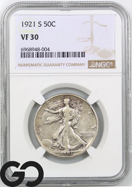 1921-S Walking Liberty Half Dollar 50c NGC VF-30 ** LOW MINTAGE KEY DATE!
