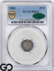 1863 Three Cent Silver PROOF, PCGS PR-66 ** CAC Approved, STUNNING Color, RARE!