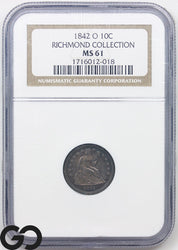 1842-O Seated Liberty Dime *Richmond Collection* NGC MS 61 ** Key Date, Toner!