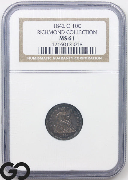 1842-O Seated Liberty Dime *Richmond Collection* NGC MS 61 ** Key Date, Toner!