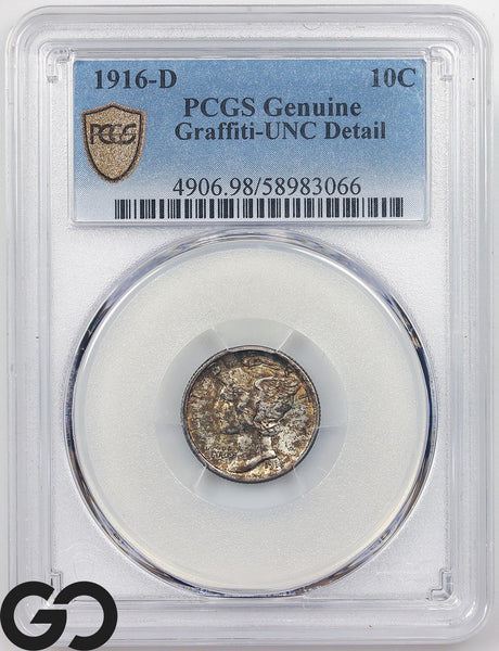 1916-D Mercury Dime, Strong Bands, PCGS Unc Details, RARE Low Mintage Key Date!