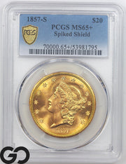 1857-S Gold Double Eagle, $20 Liberty PCGS MS 65+, Spiked Shield, SUNNER Gem++