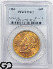 1853 Gold Double Eagle, $20 Gold Liberty PCGS MS 62, Only 5 Graded Higher!