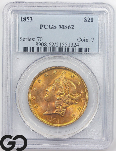 1853 Gold Double Eagle, $20 Gold Liberty PCGS MS 62, Only 5 Graded Higher!