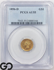 1856-D Gold Dollar, $1 Indian Princess PCGS AU 55 RARE Dahlonega, PC Survival-95