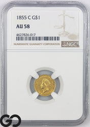 1855-C Gold Dollar, $1 Indian Princess Type 2 NGC AU 58, Only 9,803 Struck