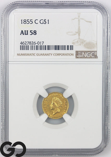 1855-C Gold Dollar, $1 Indian Princess Type 2 NGC AU 58, Only 9,803 Struck