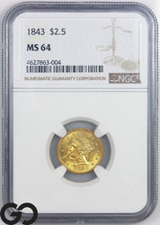 1843 Gold Quarter Eagle, $2.5 Liberty NGC MS 64, Satin Luster, Rare Key Date!