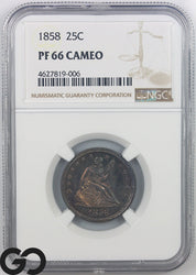 1858 Seated Liberty Quarter NGC PF 66 Cameo, Only 100 PR Minted, Great Color!