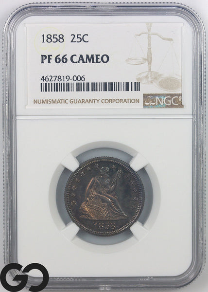 1858 Seated Liberty Quarter NGC PF 66 Cameo, Only 100 PR Minted, Great Color!