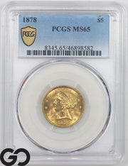 1878 Gold Half Eagle, $5 Gold Liberty PCGS MS 65, Gem Luster, Premium Quality!