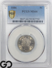 1886 Liberty Nickel, V Nickel PCGS MS 66, Satin Gem++, Key Date, Premium Quality