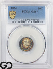 1854 Seated Liberty Dime PCGS MS 67, Premium Quality Rainbow Color, WOW!