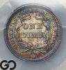 1854 Seated Liberty Dime PCGS MS 67, Premium Quality Rainbow Color, WOW!