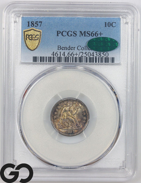1857 Seated Liberty Dime PCGS MS 66+, Bender Collection, Lustrous Surfaces, CAC!