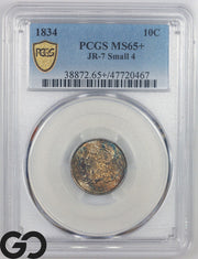 1834 Capped Bust Dime PCGS MS 65+, JR-7, Small 4, Lovely Amber and Blue Toning