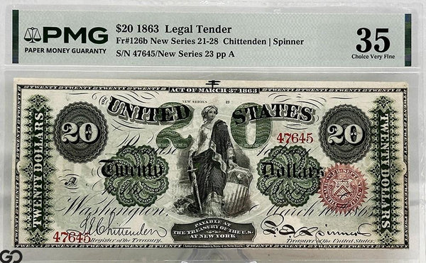 1863 $20 United States Legal Tender Note PMG 35 * FR-126b New Series, Very RARE!