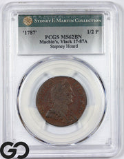 1787 Machin Mills 1/2 Pence, Vlack 17-87A PCGS MS 62 BN, Stepney Hoard