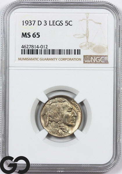 1937-D Buffalo Nickel NGC MS 65, 3 Legged Variety, Mint ERROR