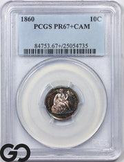 1860 Seated Liberty Dime PCGS PR 67+ CAM, CAMEO PROOF