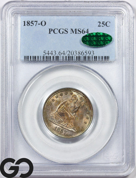 1857-O Seated Liberty Quarter PCGS/CAC MS 64 *No Motto*