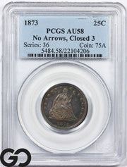 1873 Seated Liberty Quarter *No Arrows, Closed "3"* PCGS AU 58 ** Key Date!