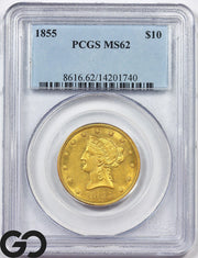 1855 Gold Eagle, $10 Gold Liberty PCGS MS 62 ** Lustrous Golden-Honey Appeal!