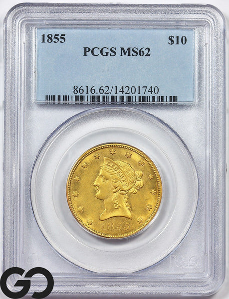 1855 Gold Eagle, $10 Gold Liberty PCGS MS 62 ** Lustrous Golden-Honey Appeal!
