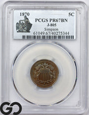 1870 Shield Nickel PCGS PR 67 BN *J-805* PATTERN PROOF, High R-7, 4-6 Known