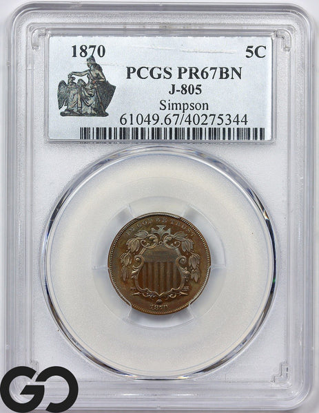 1870 Shield Nickel PCGS PR 67 BN *J-805* PATTERN PROOF, High R-7, 4-6 Known