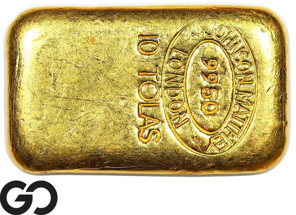 Johnson Matthey London 10 Tolas (3.75 oz) Gold Ingot, Vintage Poured Loaf Bar