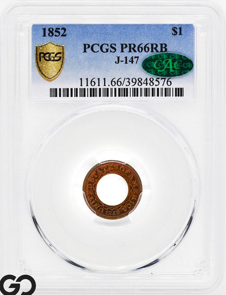 1852 Ring-Form Pattern Gold $1 Proof PCGS/CAC PR 66 RB, Copper J-147