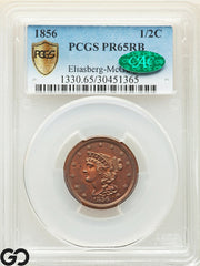 1856 Half Cent, Braided Hair Proof PCGS/CAC PR 65 RB Gem Glossy Red Brown