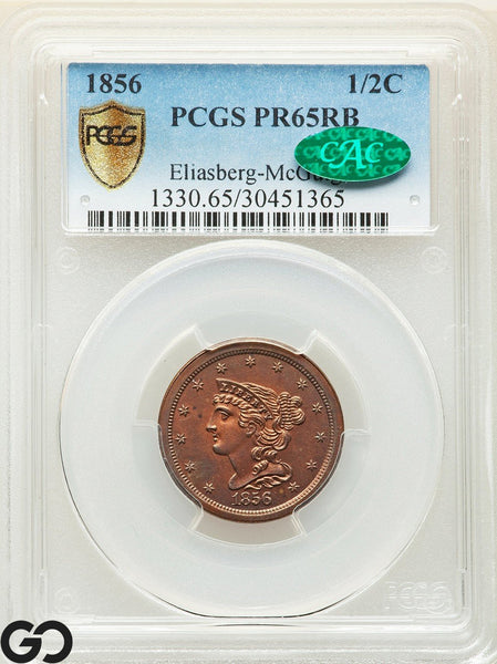 1856 Half Cent, Braided Hair Proof PCGS/CAC PR 65 RB Gem Glossy Red Brown